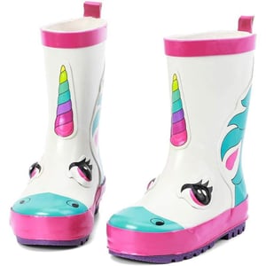 ALEADER Kids Waterproof Rubber Rain Boots for Girls Boys amp Toddlers with Fun Prints amp HandlesWhiteUnicorn