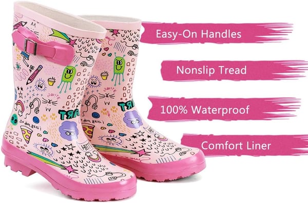 ALEADER Kids Waterproof Rubber Rain Boots for Girls Boys  Toddlers with Fun Prints  HandlesPinkPrinted