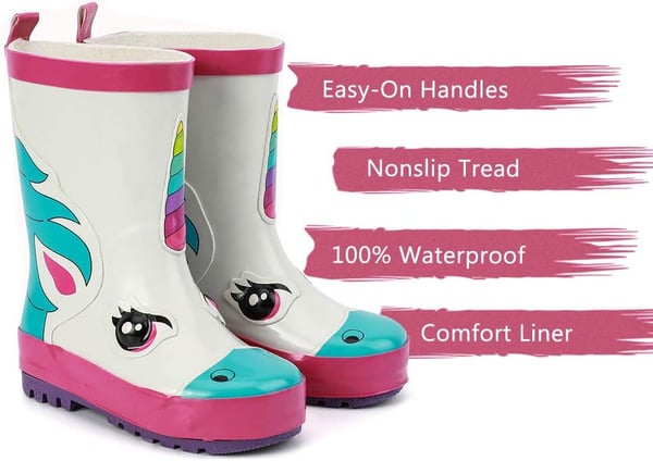 ALEADER Kids Waterproof Rubber Rain Boots for Girls Boys amp Toddlers with Fun Prints amp HandlesWhiteUnicorn