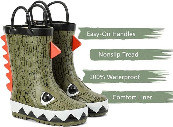 ALEADER Kids Waterproof Rubber Rain Boots for Girls Boys  Toddlers with Fun Prints  HandlesOliveDinosaur