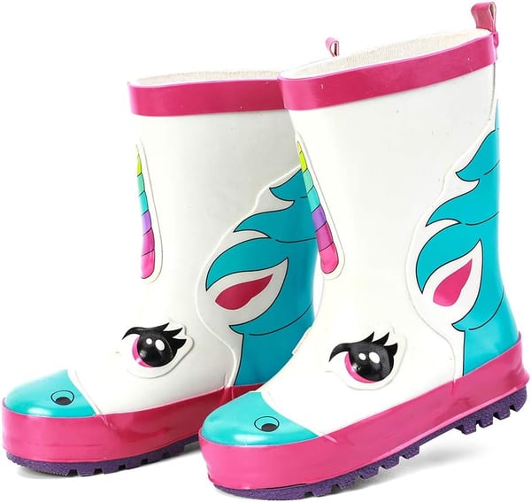 ALEADER Kids Waterproof Rubber Rain Boots for Girls Boys amp Toddlers with Fun Prints amp HandlesWhiteUnicorn