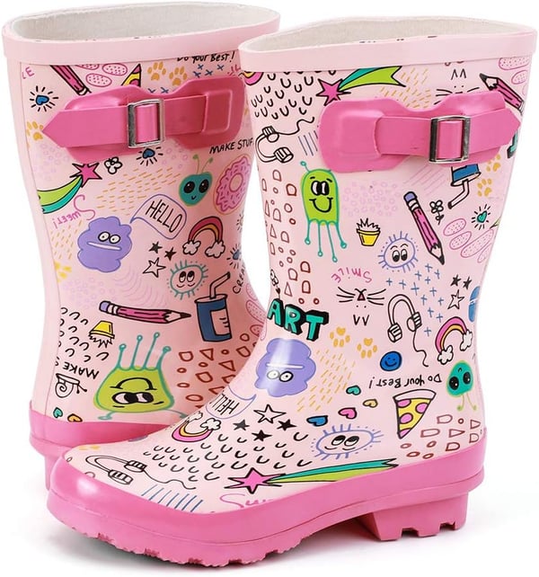 ALEADER Kids Waterproof Rubber Rain Boots for Girls Boys  Toddlers with Fun Prints  HandlesPinkPrinted