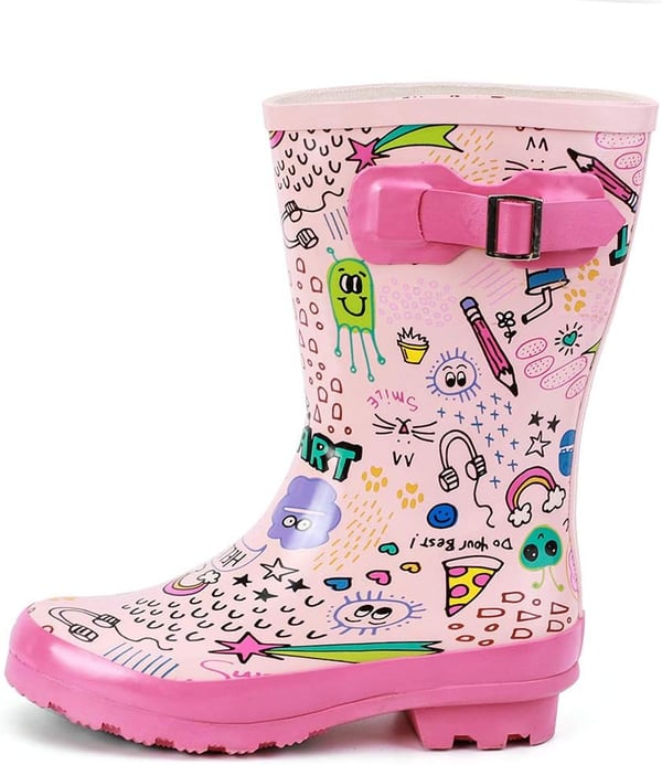 ALEADER Kids Waterproof Rubber Rain Boots for Girls Boys  Toddlers with Fun Prints  HandlesPinkPrinted