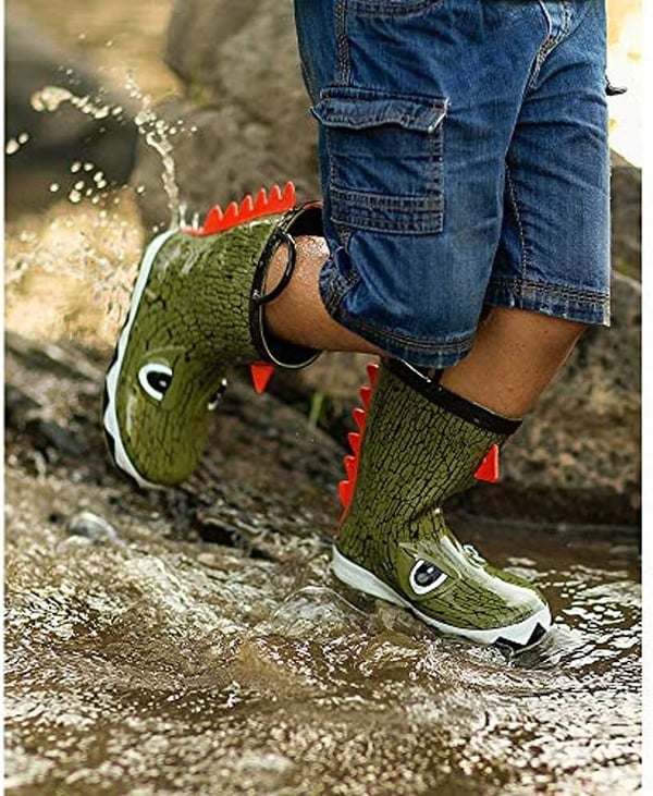 ALEADER Kids Waterproof Rubber Rain Boots for Girls Boys  Toddlers with Fun Prints  HandlesOliveDinosaur