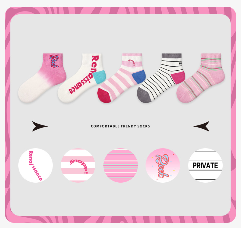 LL Socks Women Ankle Socks Time Speaks Silently Pink Letter Stripes Socks 5 Pairs
