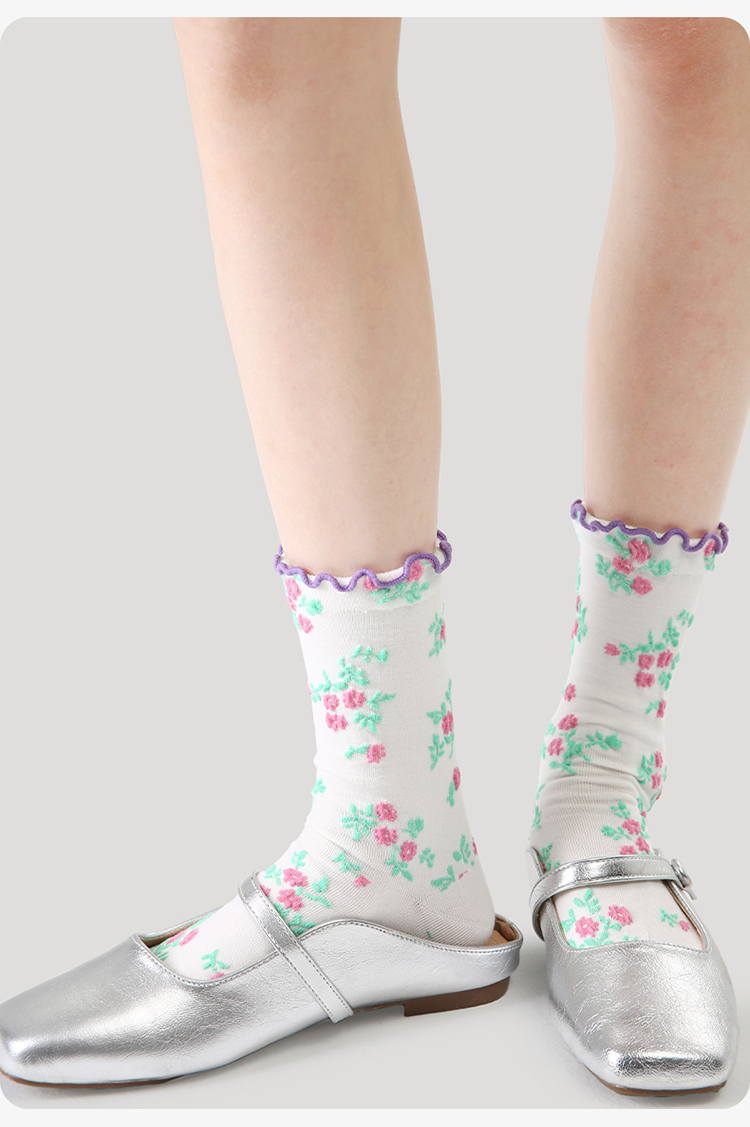 LL Socks Women Crew Socks Dew Flower Reflection Polka Dot Embossed Flower Socks 5 Pairs