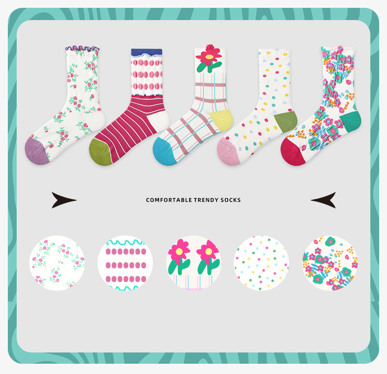 LL Socks Women Crew Socks Dew Flower Reflection Polka Dot Embossed Flower Socks 5 Pairs