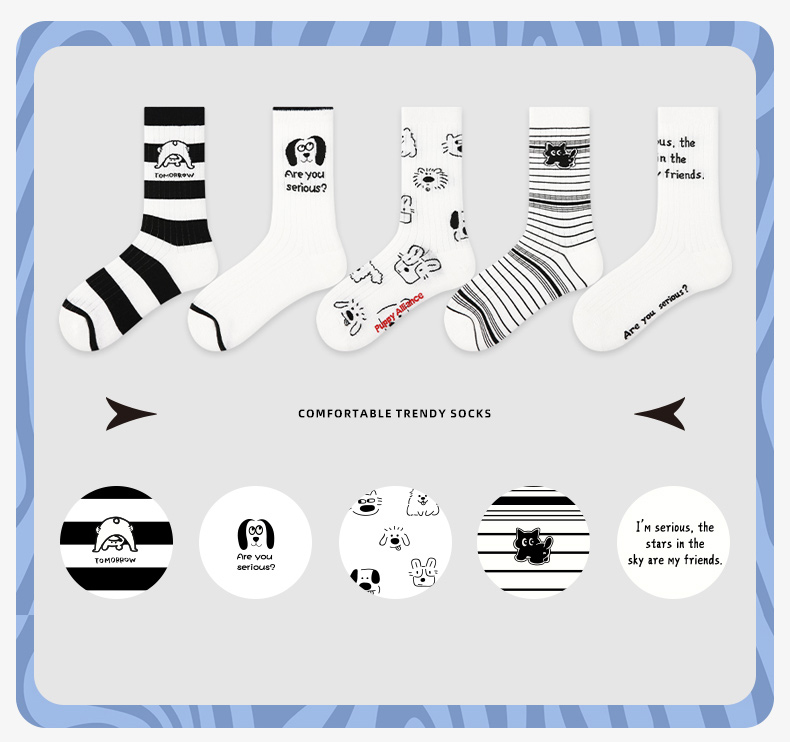LL Socks Women Crew Socks Puppy Party Cute Animal Socks 5 Pairs