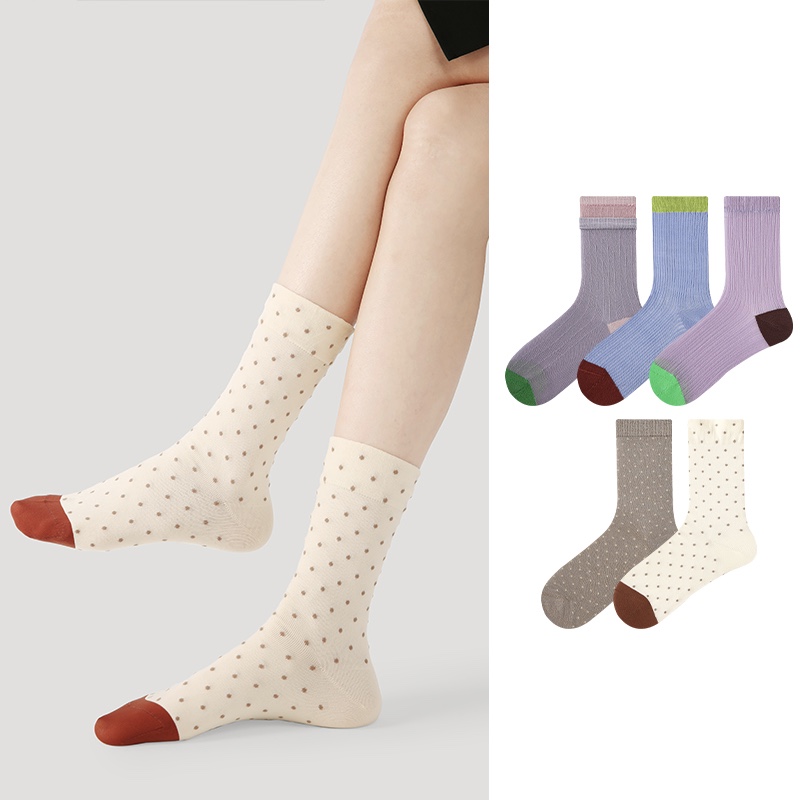 LL Socks Women Crew Socks Twilight Brewing the Moon Retro Stripes Polka Dot Socks 5 Pairs