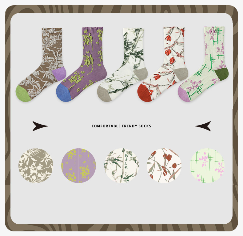 LL Socks Women Crew Socks Vintage Spring Vibes creative Embossed Socks 5 Pairs