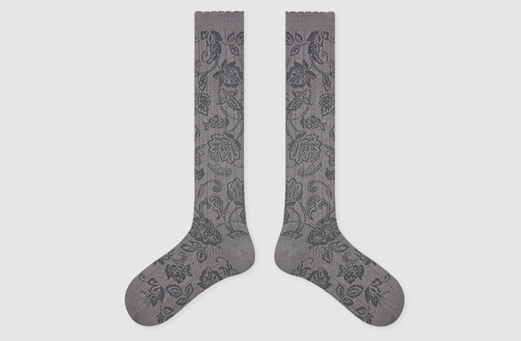 LL Socks Women Grey Knee High Socks Flowers in Full Bloom Floral Pattern Socks 1 Pairs