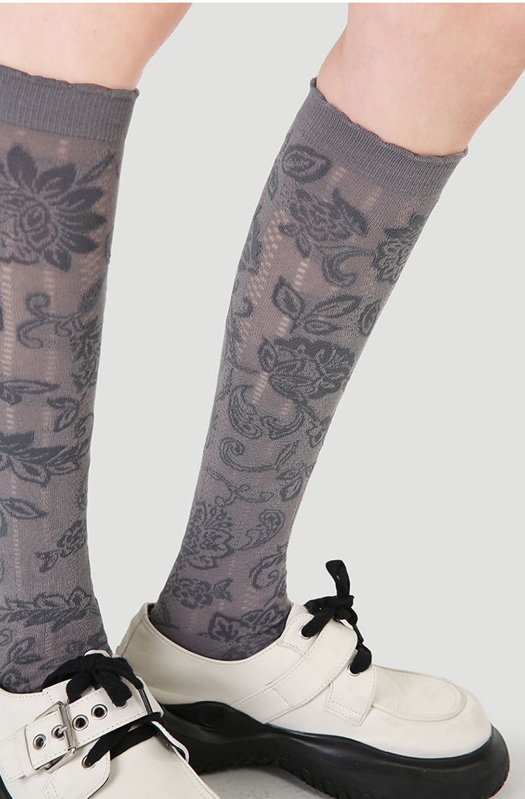 LL Socks Women Grey Knee High Socks Flowers in Full Bloom Floral Pattern Socks 1 Pairs