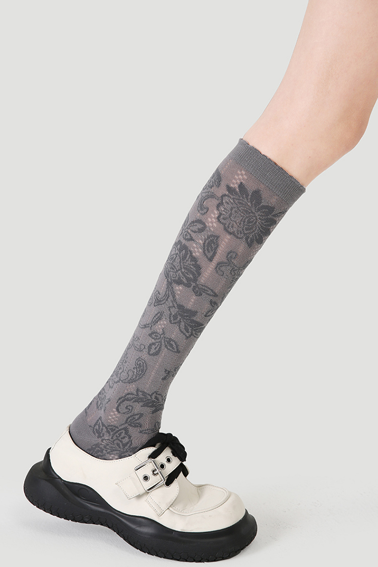 LL Socks Women Grey Knee High Socks Flowers in Full Bloom Floral Pattern Socks 1 Pairs
