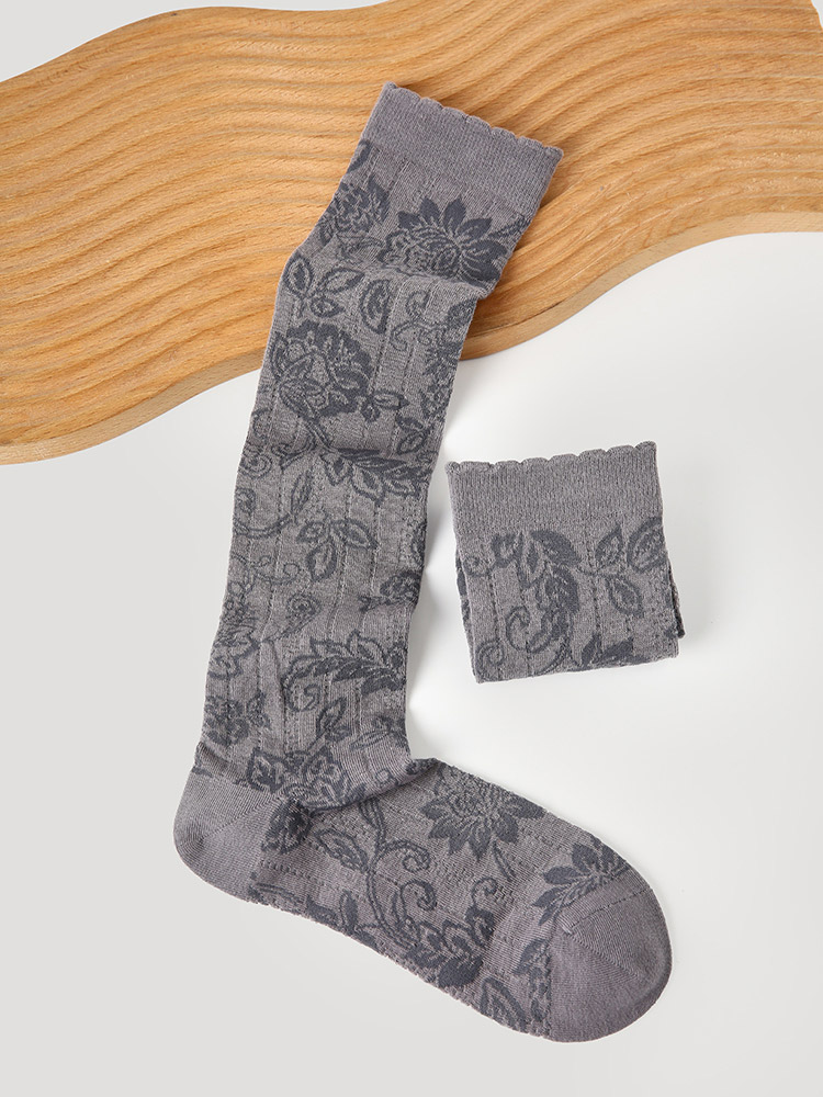 LL Socks Women Grey Knee High Socks Flowers in Full Bloom Floral Pattern Socks 1 Pairs