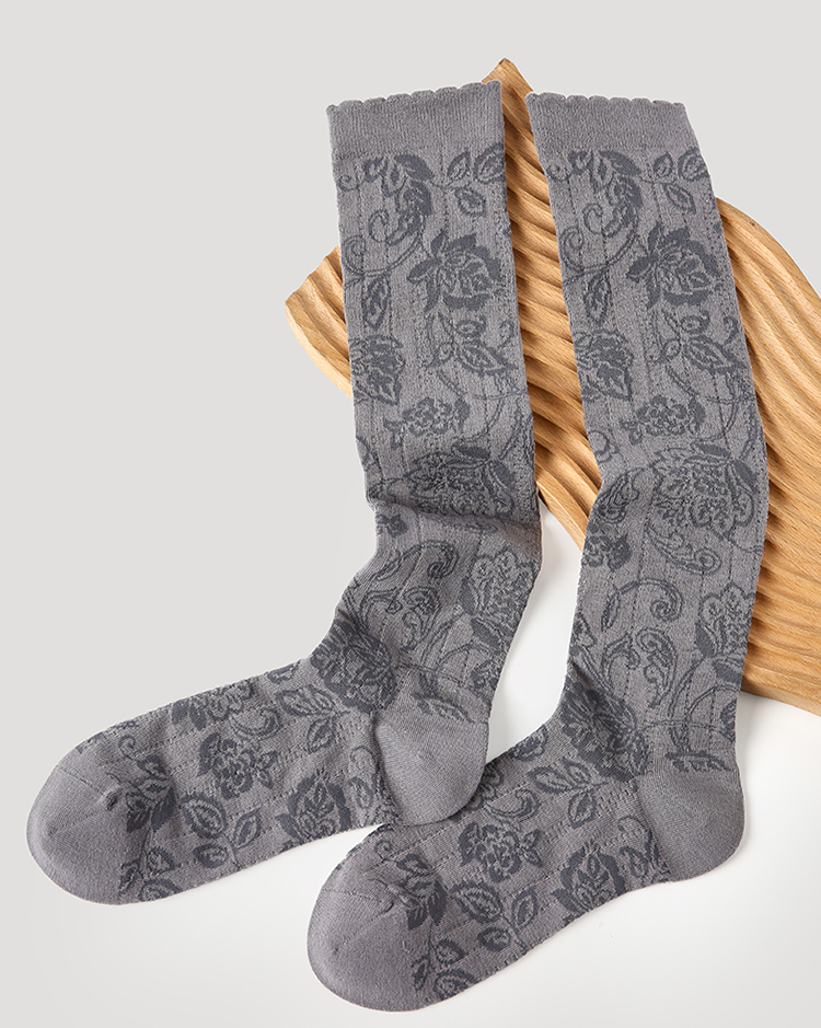 LL Socks Women Grey Knee High Socks Flowers in Full Bloom Floral Pattern Socks 1 Pairs
