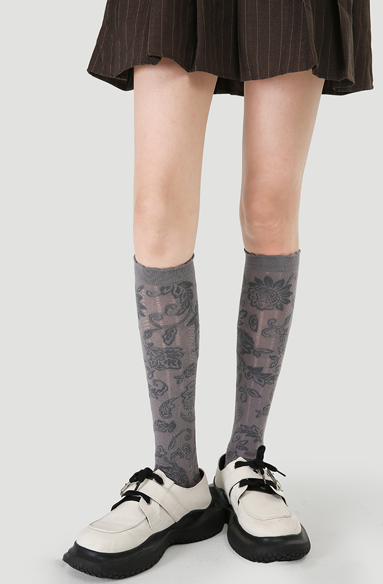 LL Socks Women Grey Knee High Socks Flowers in Full Bloom Floral Pattern Socks 1 Pairs