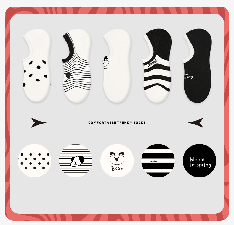 LL Socks Women Low Rise Socks Gulu Puppies Polka Dot Stripes Animal Socks 5 Pairs