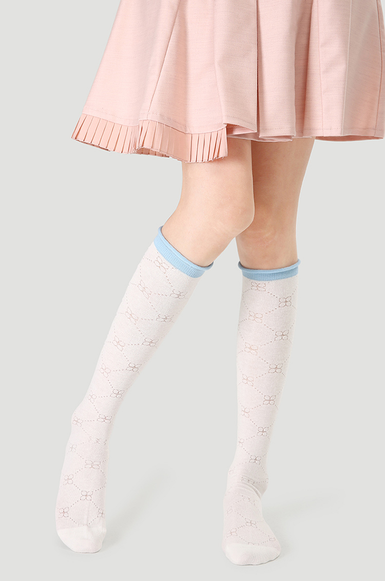 LL Socks Women White Knee High Socks Graceful Sunset White Floral Pattern Socks 1 Pairs