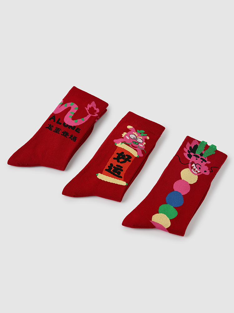LL Socks WomenCrew Socks The Dragon Returns Red Animal Colorful Socks 3 Pairs