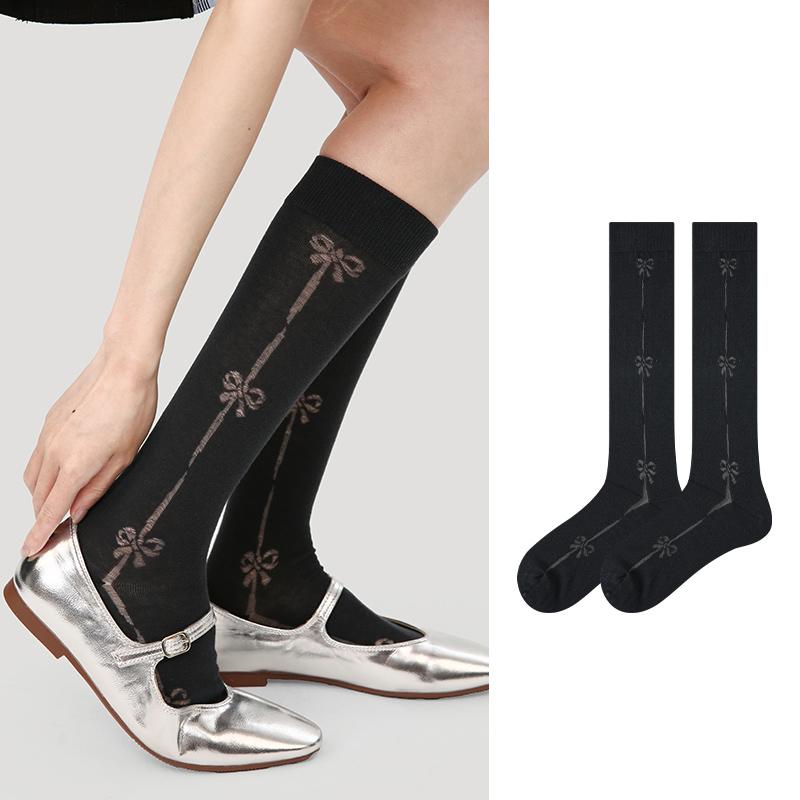 LL Socks Women Black Crew Socks Moonlight Etchings Bow Tie Unique Socks 1 Pairs