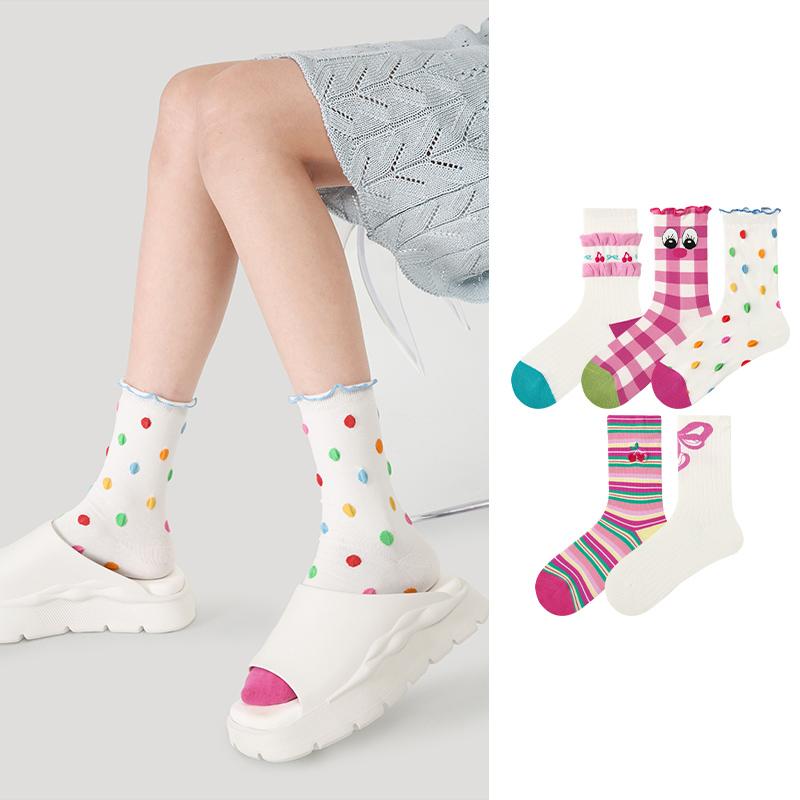 LL Socks Women Crew Socks Cherry Sweet Beans Ruffle Turn-Cuff Polka Dot Socks 5 Pairs