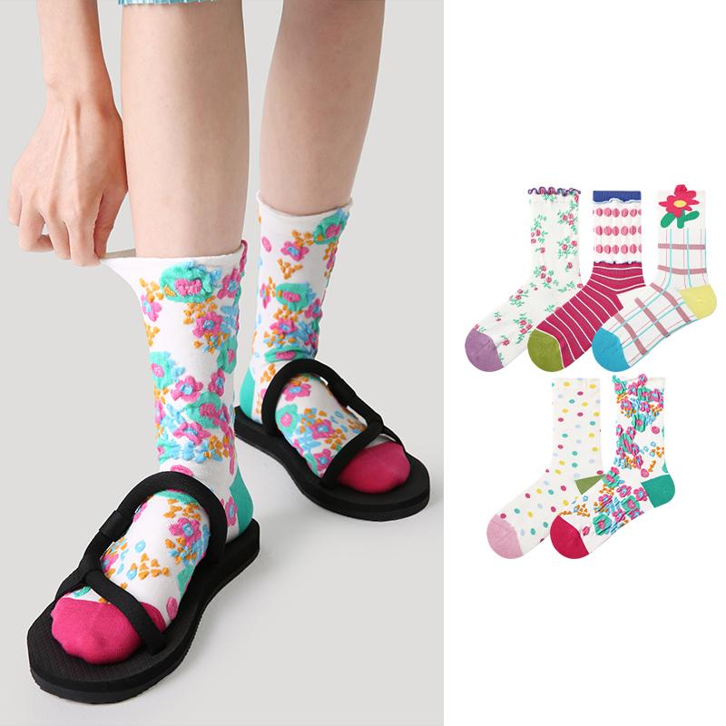 LL Socks Women Crew Socks Dew Flower Reflection Polka Dot Embossed Flower Socks 5 Pairs