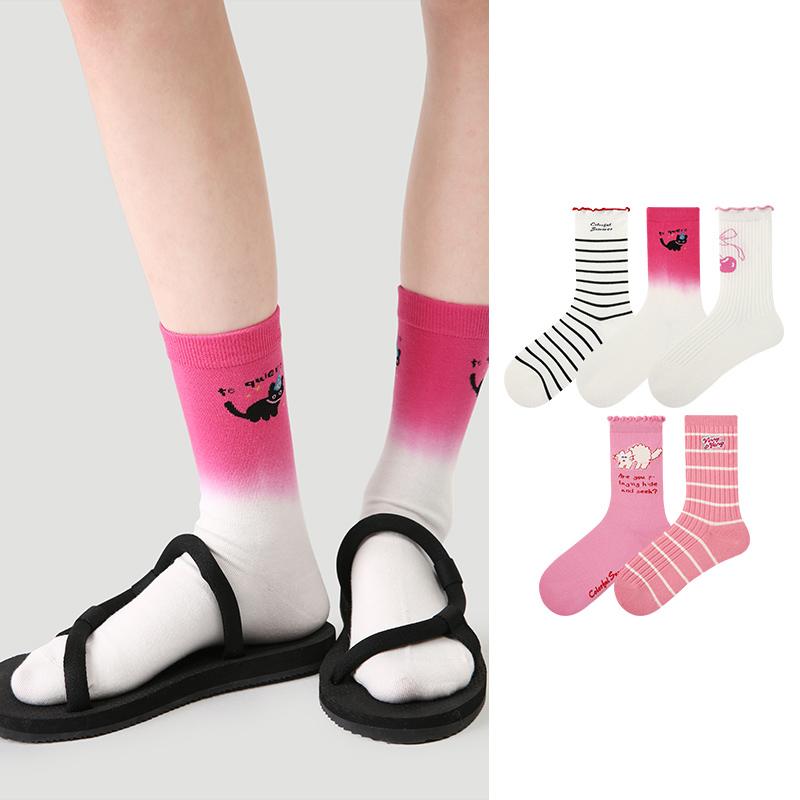 LL Socks Women Crew Socks Dreamy Diary Pink Animal Letter Socks 5 Pairs