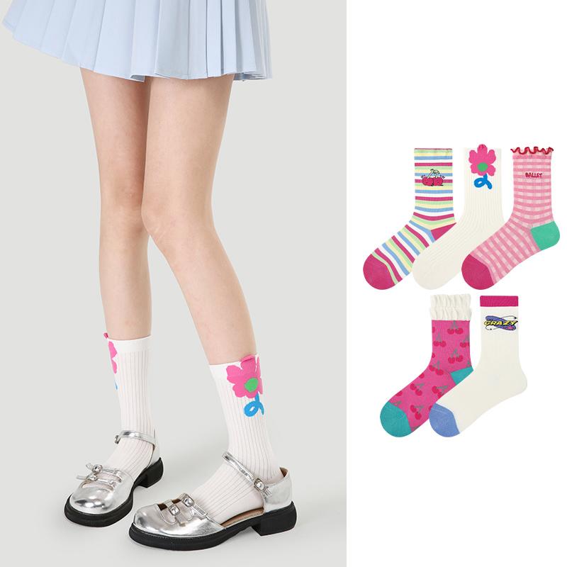 LL Socks Women Crew Socks Flower Among Small Fruits Floral Pattern Plaid Socks 5 Pairs