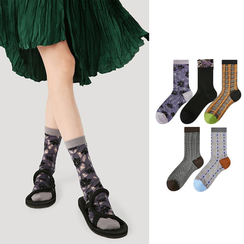 LL Socks Women Crew Socks River Tilts Moon Sets Retro Embroidered Embossed Flower Socks 5 Pairs