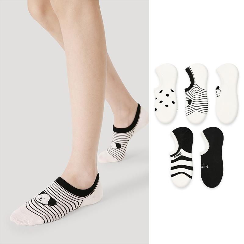 LL Socks Women Low Rise Socks Gulu Puppies Polka Dot Stripes Animal Socks 5 Pairs