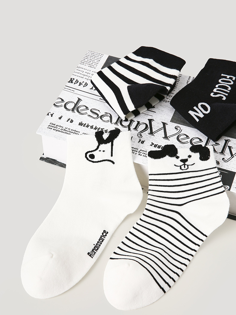 LL Socks Women Ankle Socks Black and White Puppy Animal Stripes Socks 5 Pairs