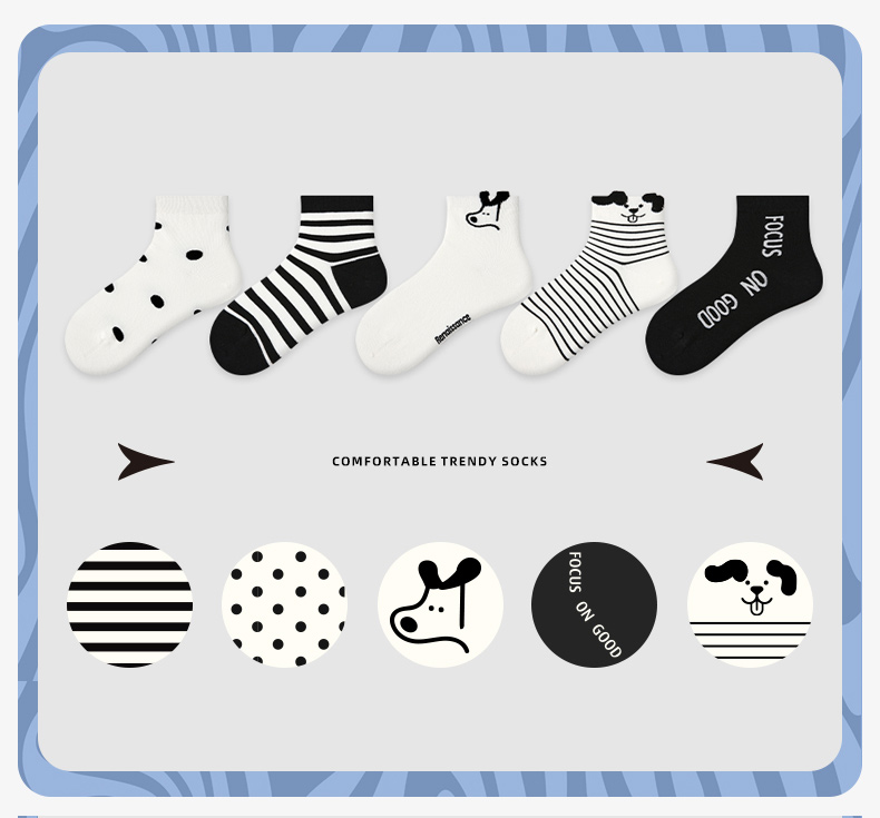LL Socks Women Ankle Socks Black and White Puppy Animal Stripes Socks 5 Pairs