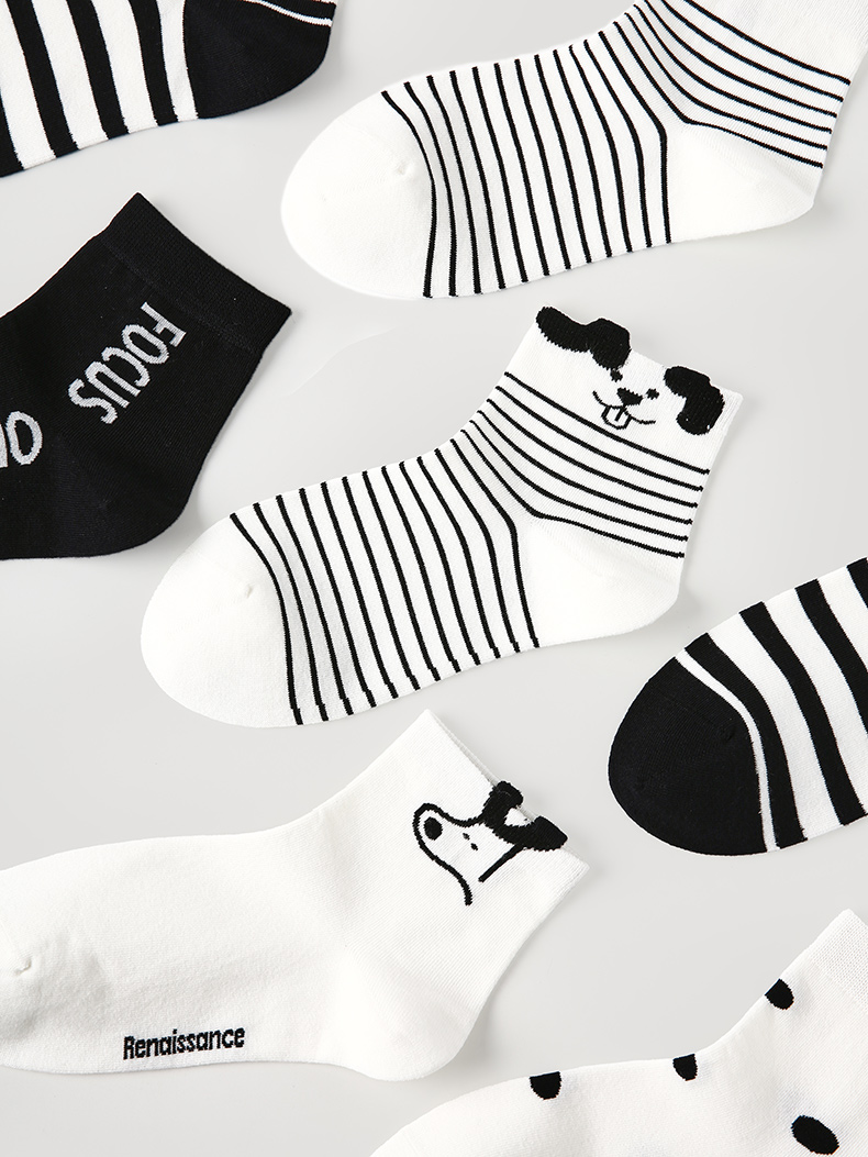 LL Socks Women Ankle Socks Black and White Puppy Animal Stripes Socks 5 Pairs