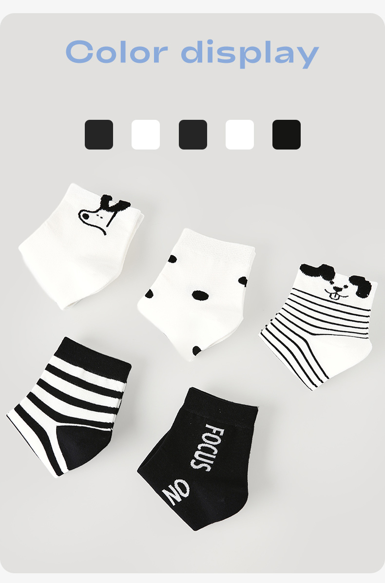 LL Socks Women Ankle Socks Black and White Puppy Animal Stripes Socks 5 Pairs