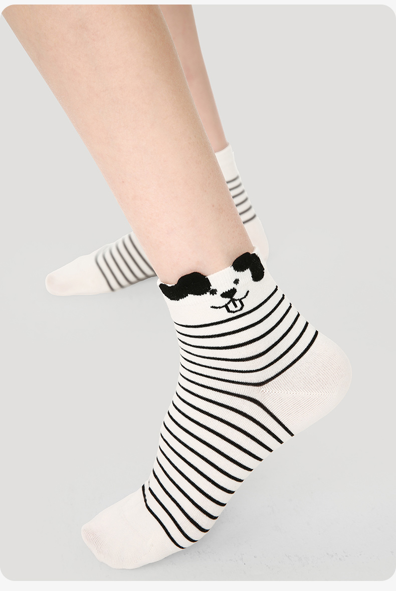 LL Socks Women Ankle Socks Black and White Puppy Animal Stripes Socks 5 Pairs