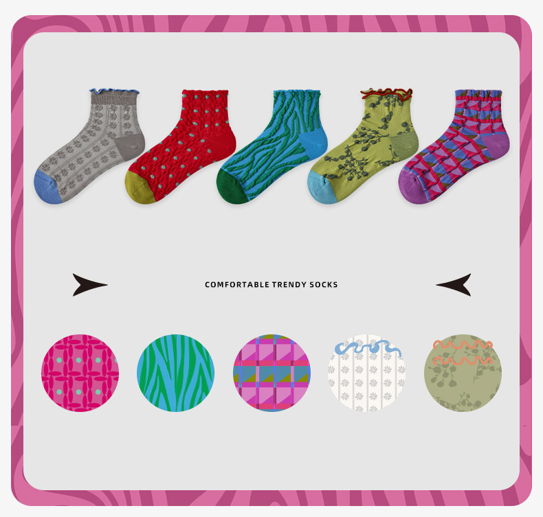 LL Socks Women Ankle Socks Floating Green and Vermilion Plant Floral Pattern Socks 5 Pairs