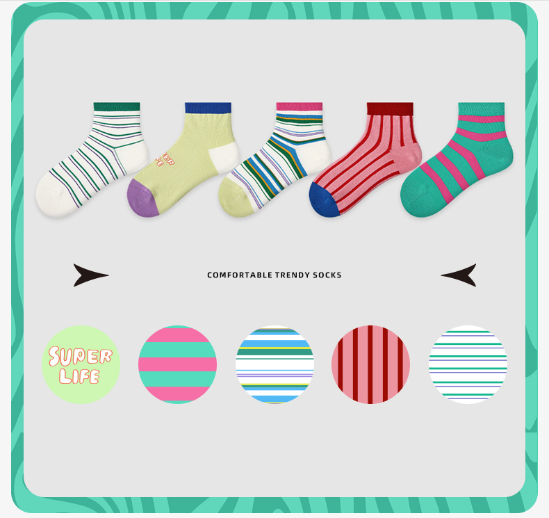 LL Socks Women Ankle Socks Happy Business Striped Colourful Stripes Letter Socks 5 Pairs