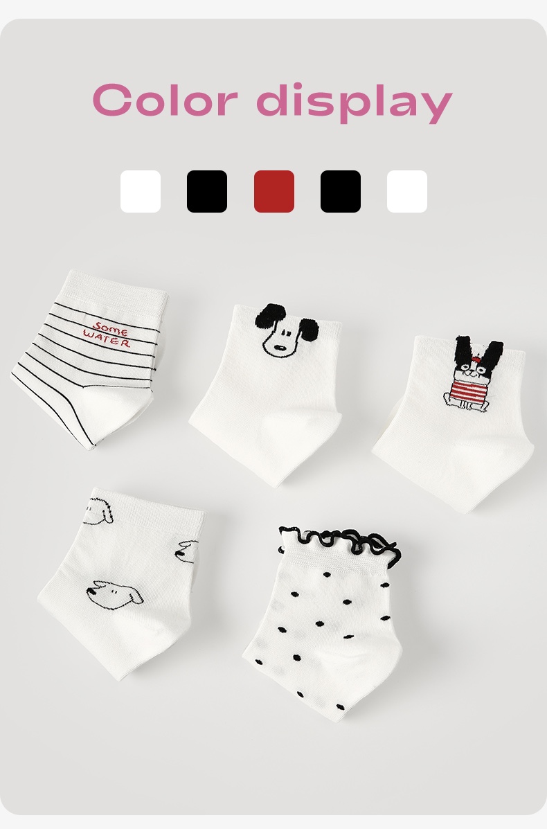 LL Socks Women Ankle Socks Happy Puppy Cartoon Animal Polka Dot Socks 5 Pairs