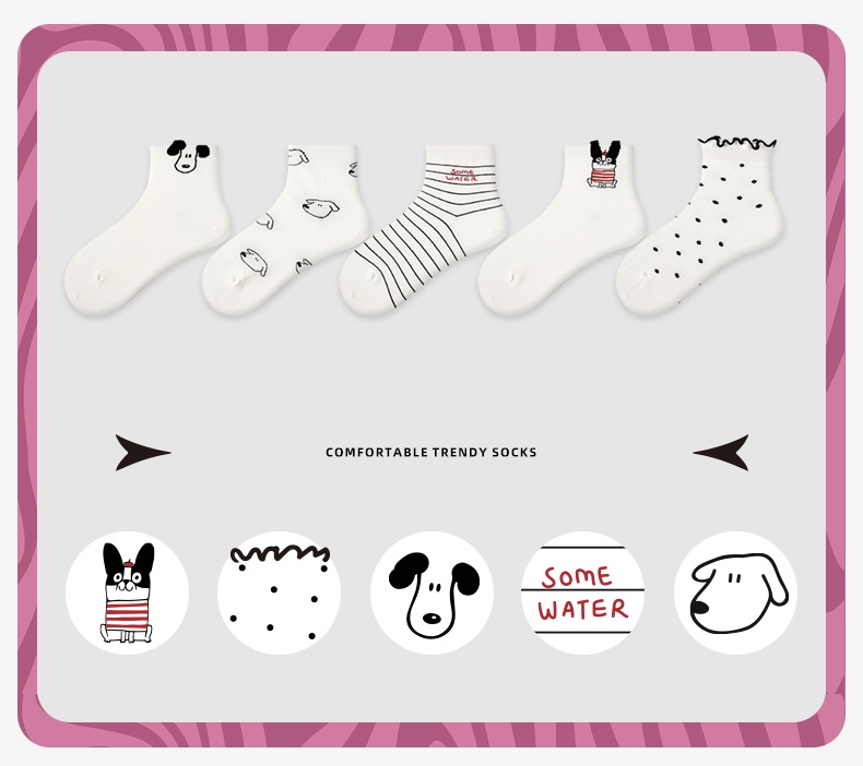 LL Socks Women Ankle Socks Happy Puppy Cartoon Animal Polka Dot Socks 5 Pairs