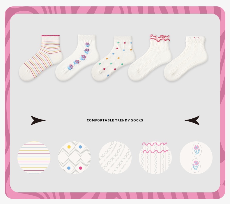 LL Socks Women Ankle Socks Long Day Joy Floral Pattern Stripes Ruffle Turn-Cuff Socks 5 Pairs