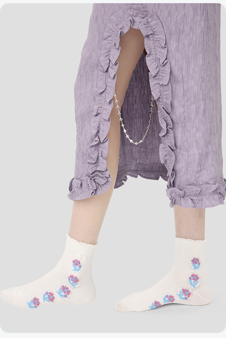 LL Socks Women Ankle Socks Long Day Joy Floral Pattern Stripes Ruffle Turn-Cuff Socks 5 Pairs