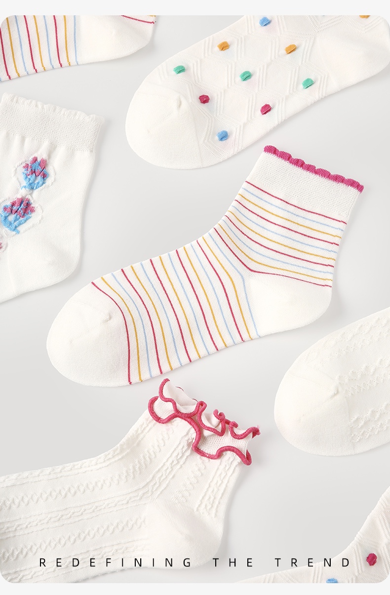 LL Socks Women Ankle Socks Long Day Joy Floral Pattern Stripes Ruffle Turn-Cuff Socks 5 Pairs