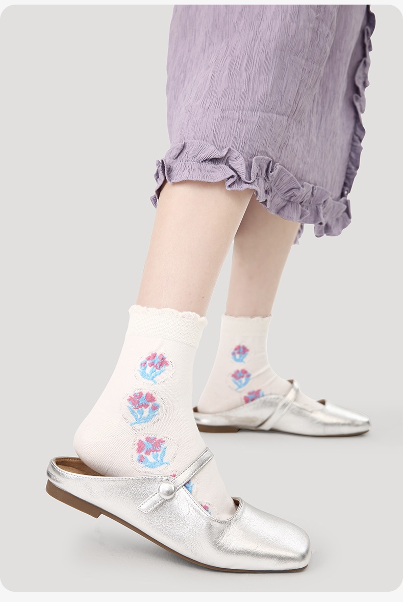 LL Socks Women Ankle Socks Long Day Joy Floral Pattern Stripes Ruffle Turn-Cuff Socks 5 Pairs