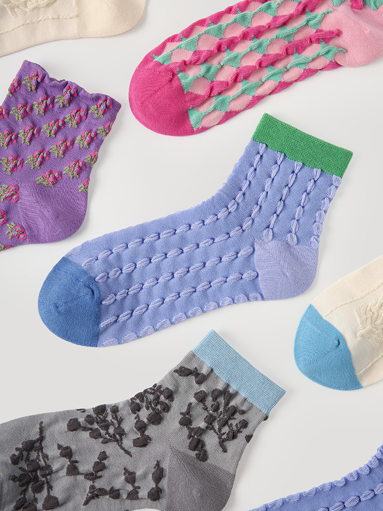 LL Socks Women Ankle Socks Moonlight in Full Cup Retro Embossed Flower Socks 5 Pairs