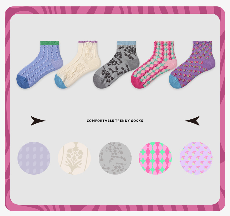 LL Socks Women Ankle Socks Moonlight in Full Cup Retro Embossed Flower Socks 5 Pairs