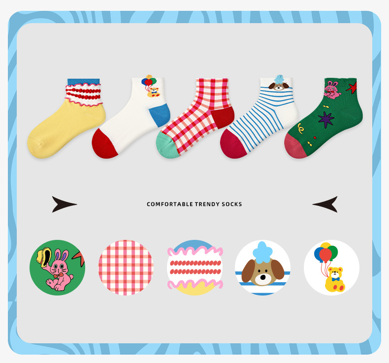 LL Socks Women Ankle Socks Summer Parade Cute Cartoon Animal Socks 5 Pairs