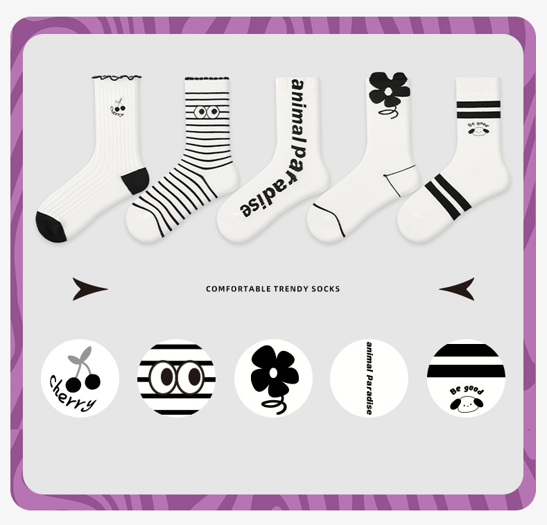 LL Socks Women Crew Socks Black and White Classic Ruffle Turn-cuff Letter Socks 5 Pairs