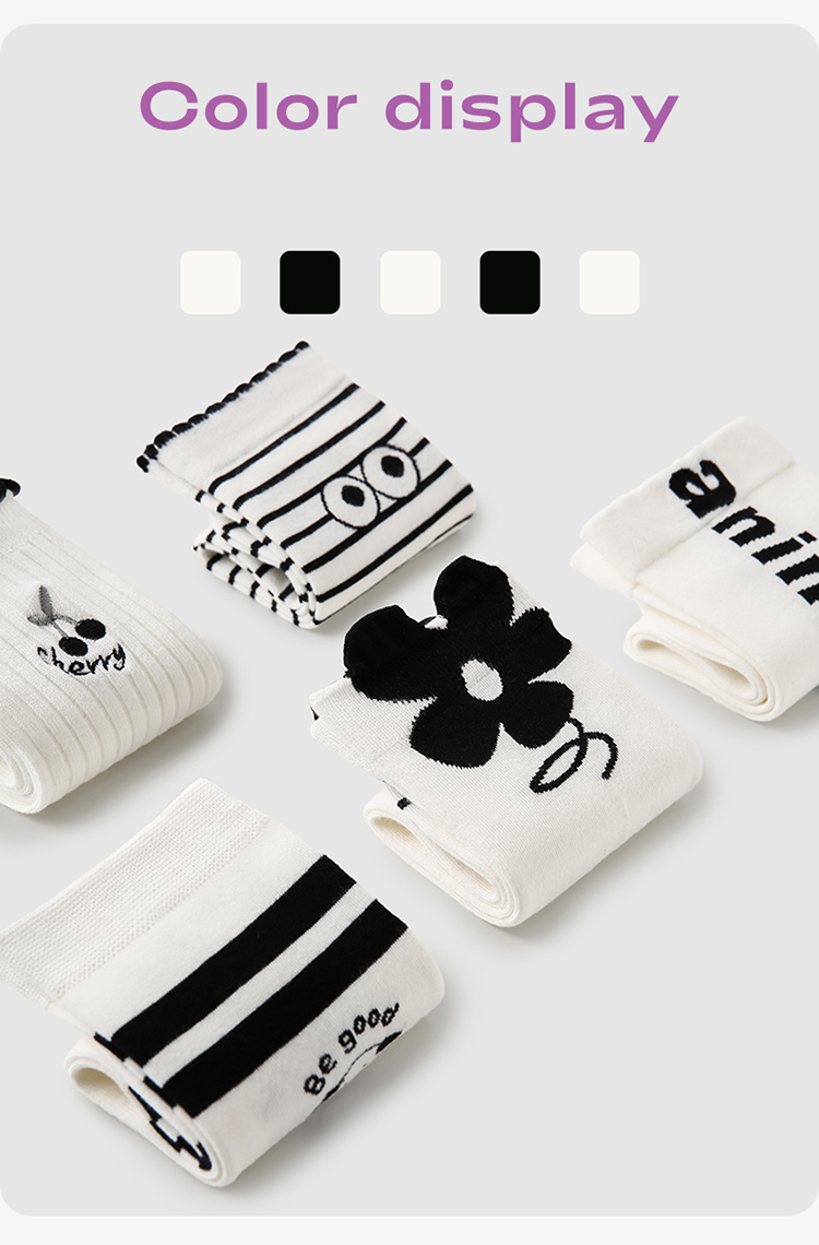 LL Socks Women Crew Socks Black and White Classic Ruffle Turn-cuff Letter Socks 5 Pairs