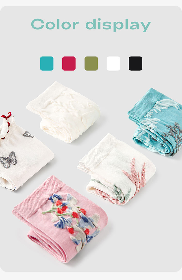 LL Socks Women Crew Socks Butterflies in Bamboo Grove Plant Embroidered Embossed Socks 5 Pairs