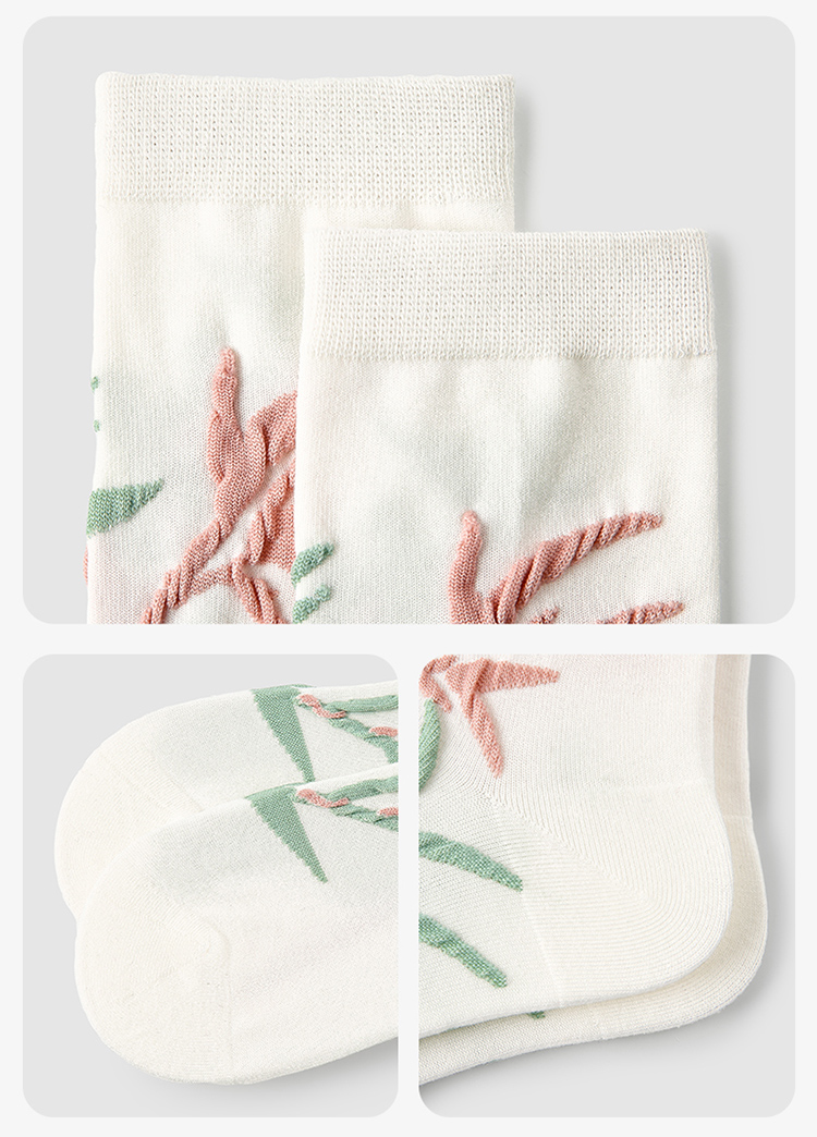 LL Socks Women Crew Socks Butterflies in Bamboo Grove Plant Embroidered Embossed Socks 5 Pairs